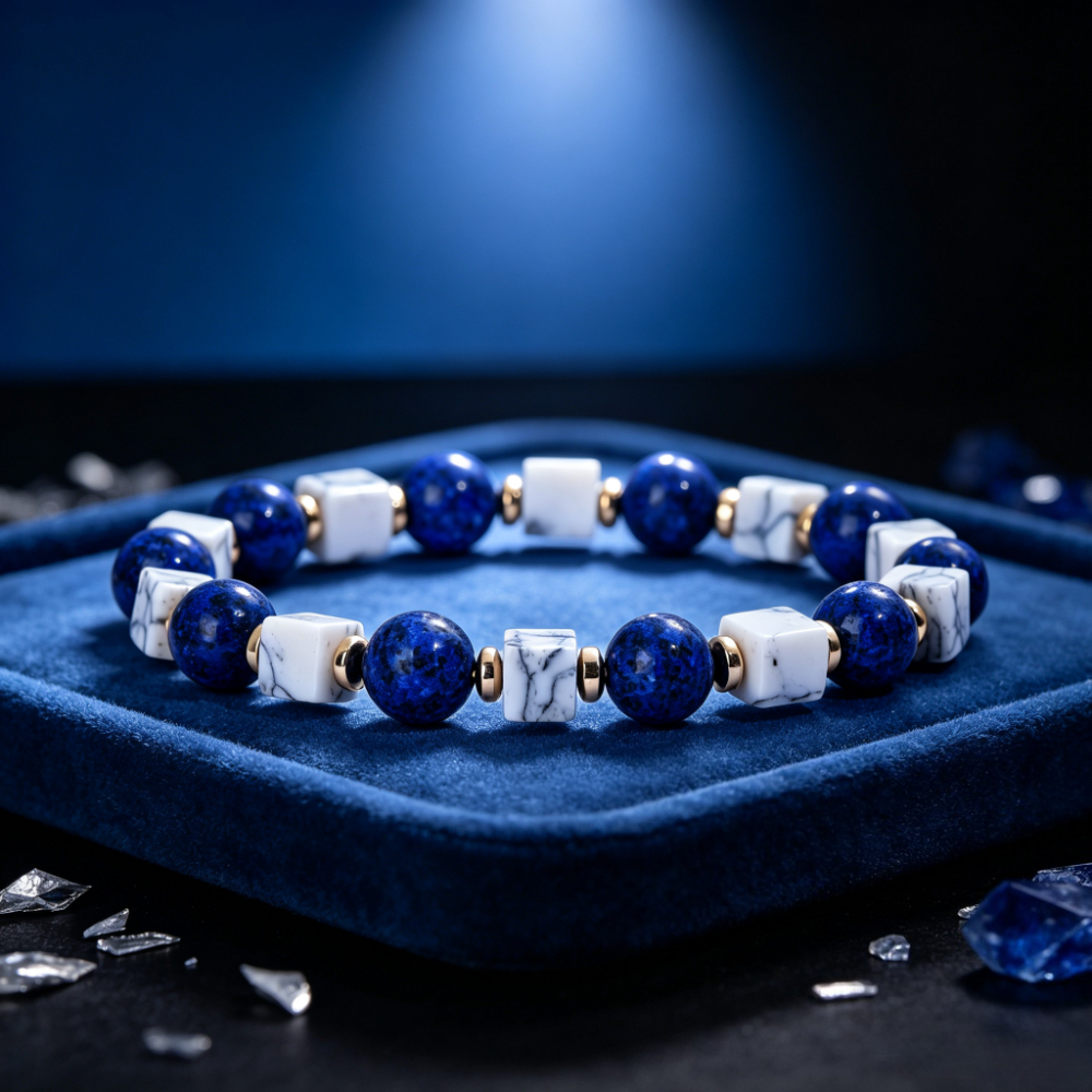 Natural Lapis Lazuli and Howlite Beaded Bracelet, Unisex Gift